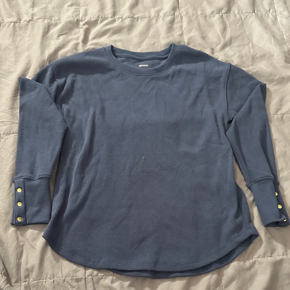 Sonoma Blue Long Sleeve Tee with Gold Button Accents